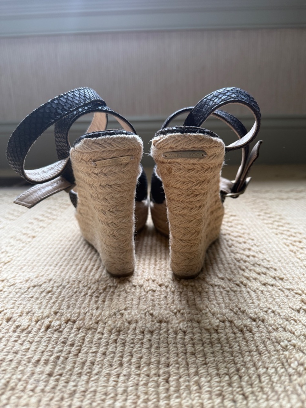 Jimmy Choo Chocolate Brown Snake Embossed Espadrille Wedges Size 7 - Picture 3 of 4